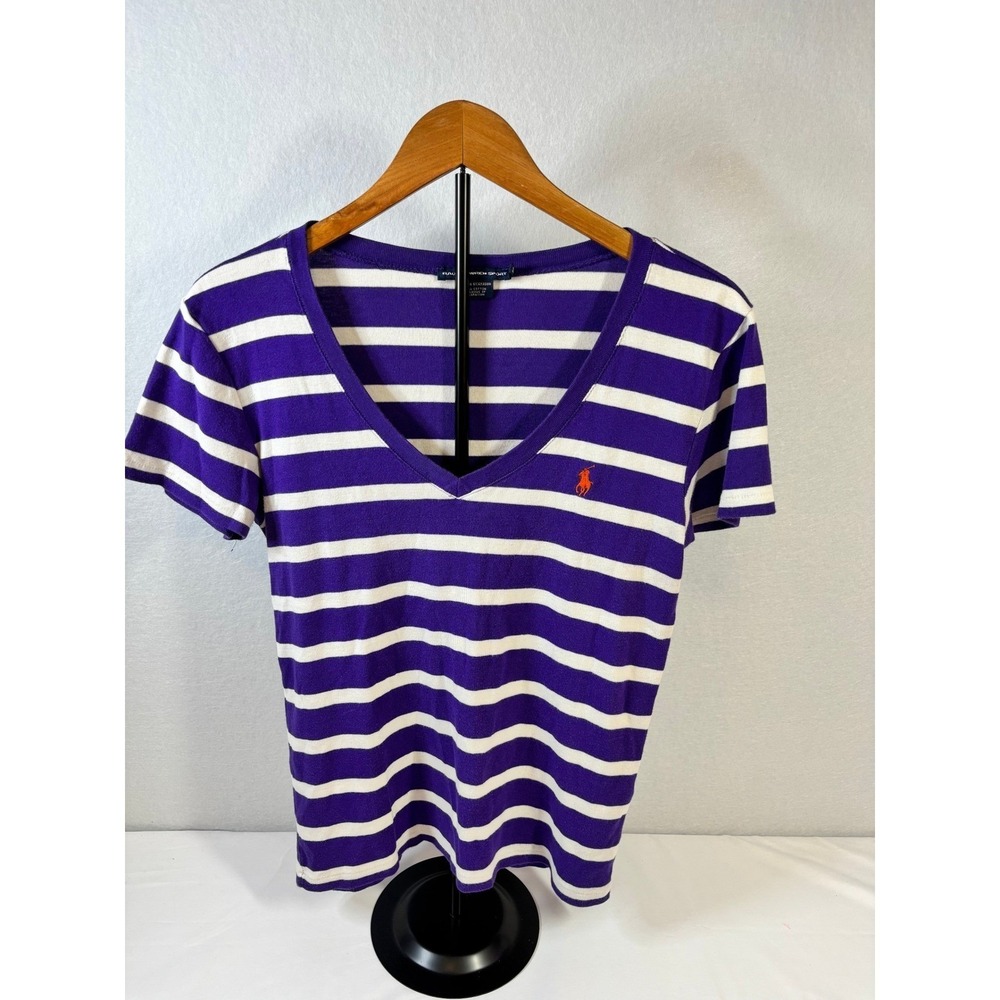 Ralph Lauren Sport Women XL Purple White Striped V-Neck T-Shirt Orange Pony Logo